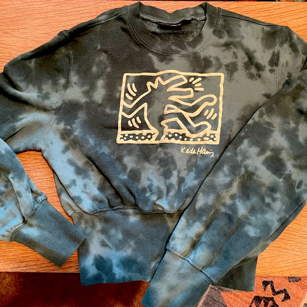 Keith Haring Small Cropped Forest Green Cropped Sweatshirt EUC